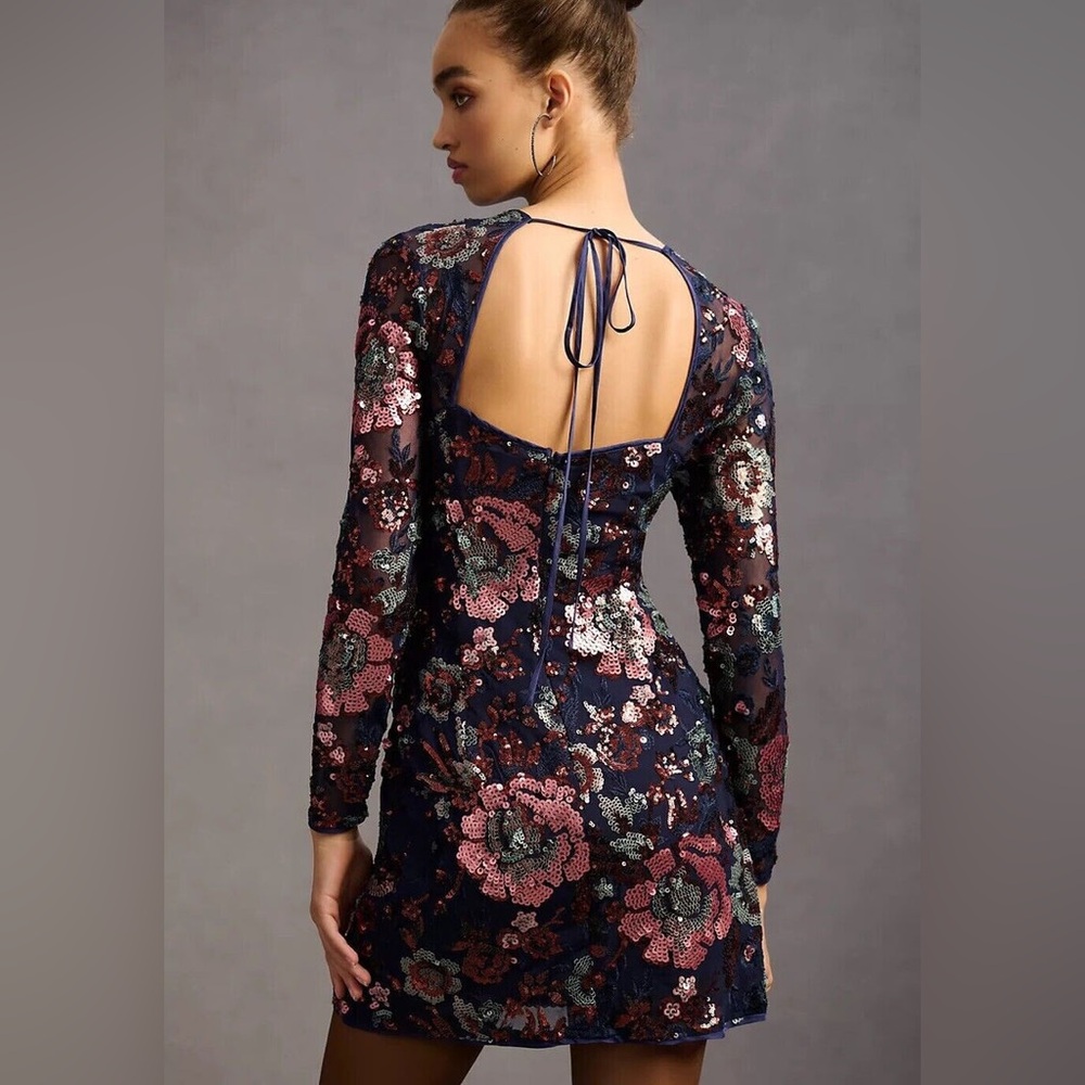 By Anthropologie Floral Navy Sequin Mini Dress Size 2 NWT
